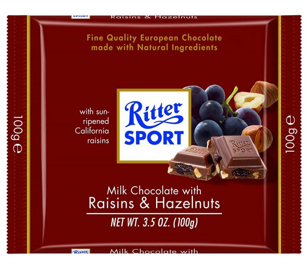 Ritter Sports, Milk Chocolate w/ Raisins & Hazelnut, 3.5oz